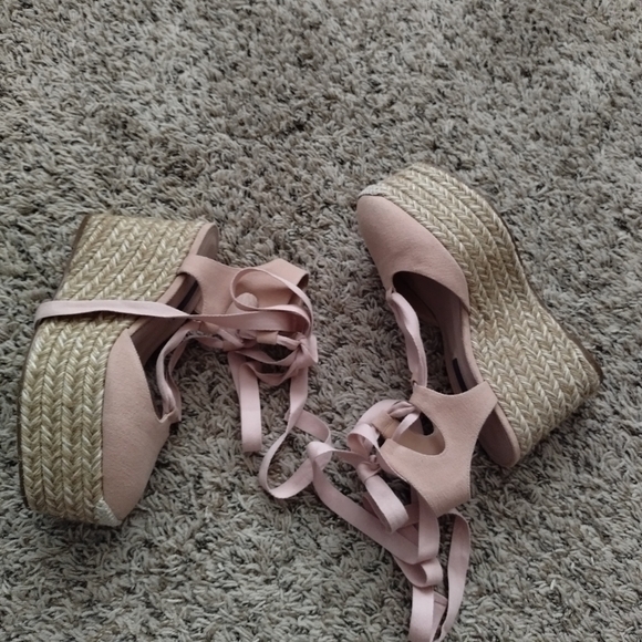 Stuart Weitzmen Canvas Espadrille Wedge lace up pink Sandals 37/6,5 - Picture 2 of 9